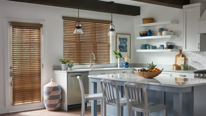 Faux wood blinds in a bathroom