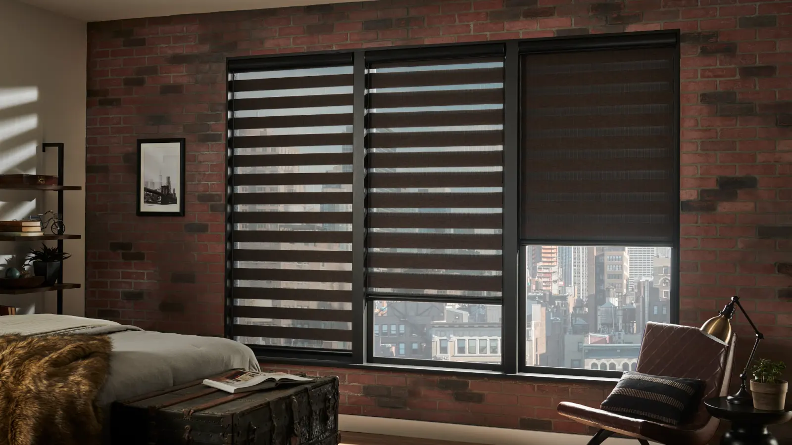 Banded shades in a brick-walled office