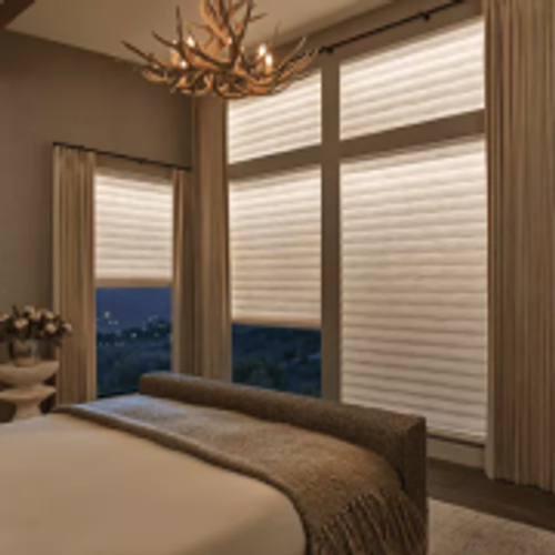 Bedroom with room brightening window coverings.