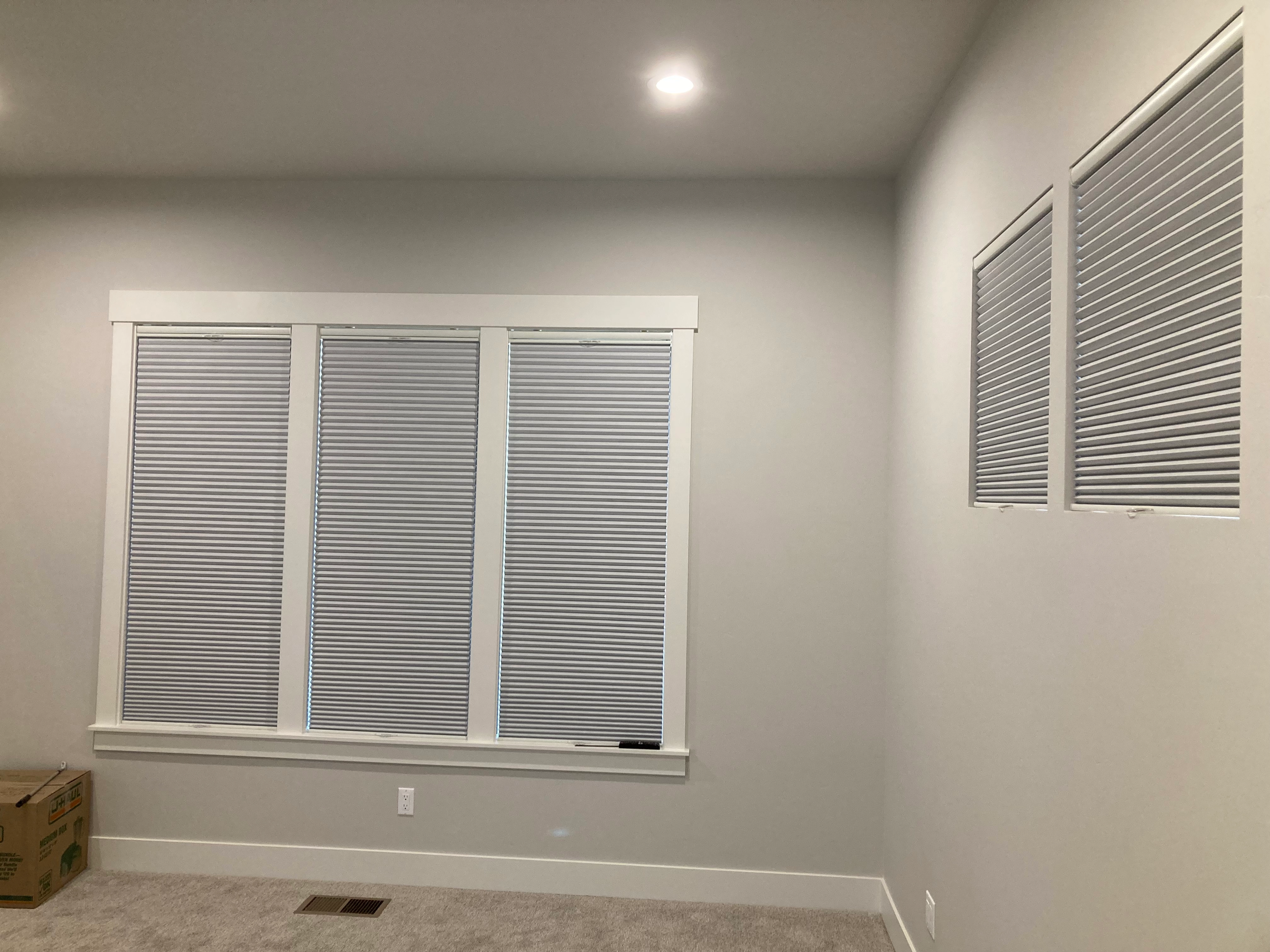 A window with Hunter Douglas shades.