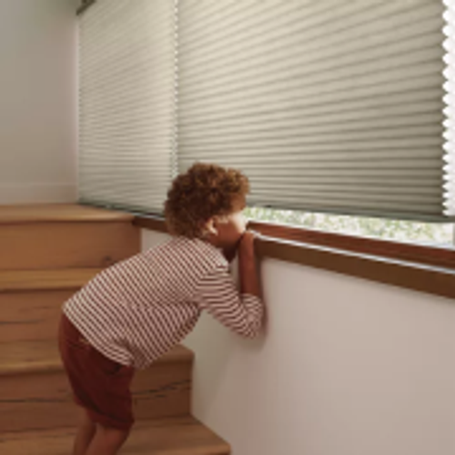 Child looking out window next to Duette window coverings.