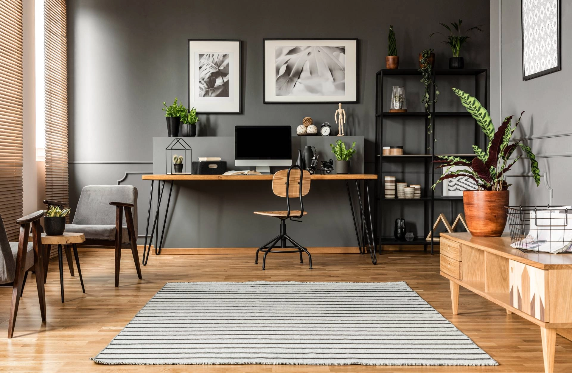 Home office with desk, bookshelf, and custom wood window blinds near Wexford, PA