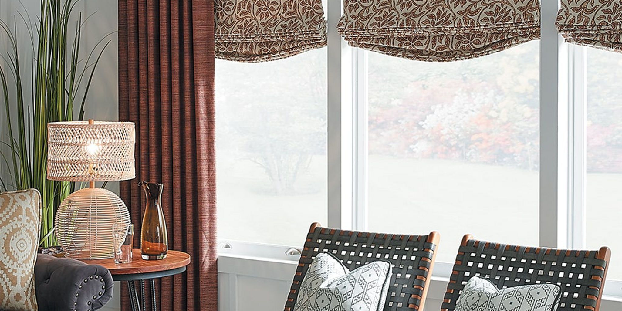 photo: Drapery-RodPocket-withSoftRomanShades-CaroleFabrics:horizontal-lg