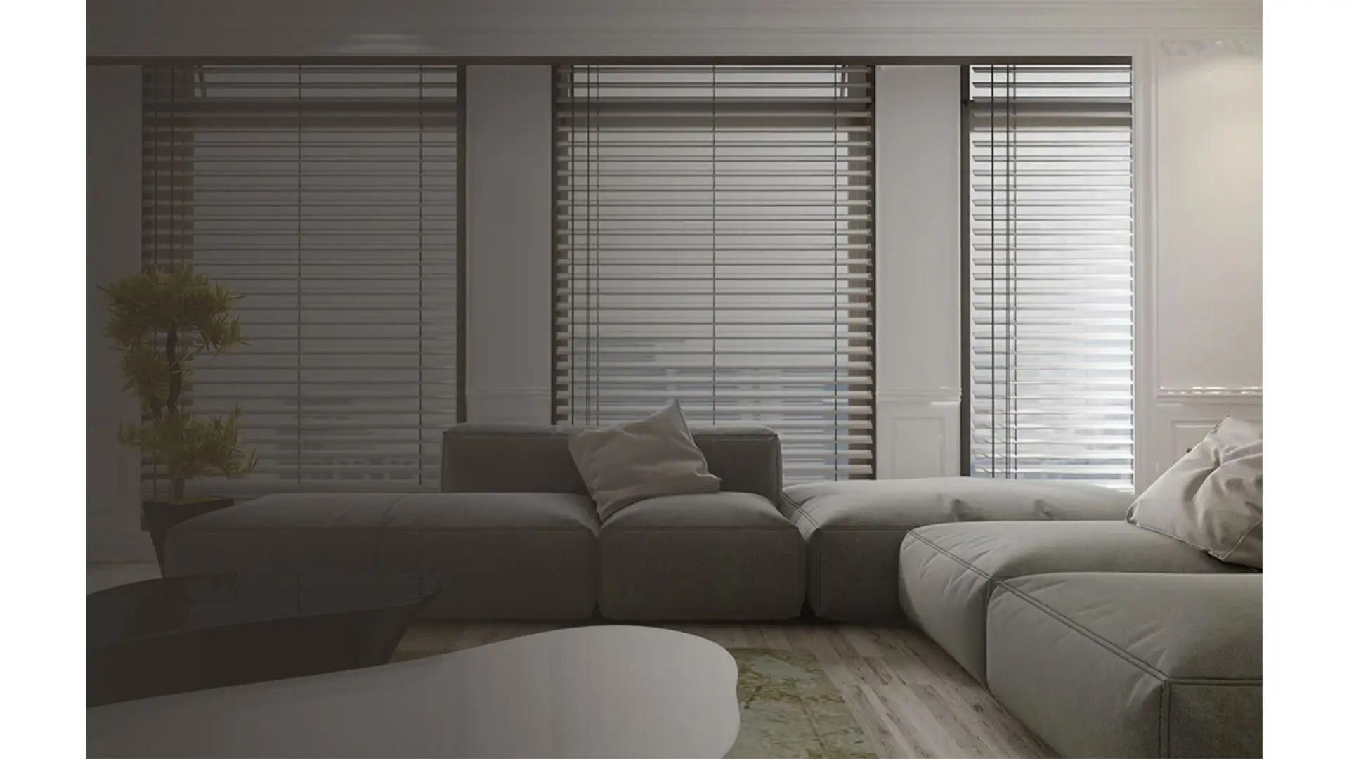 A living room with large windows featuring Hunter Douglas blinds.