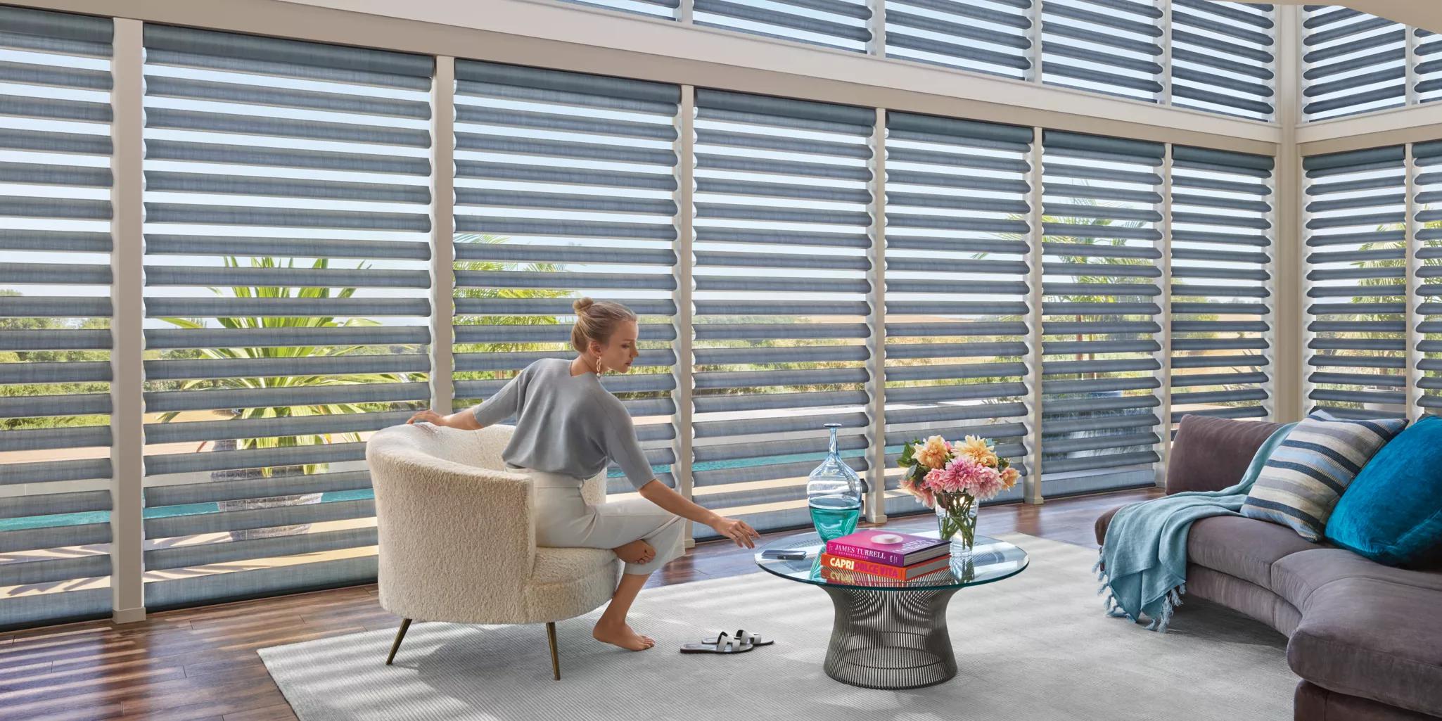 Large living room windows with Pirouette Clearview window coverings with PowerView motorization