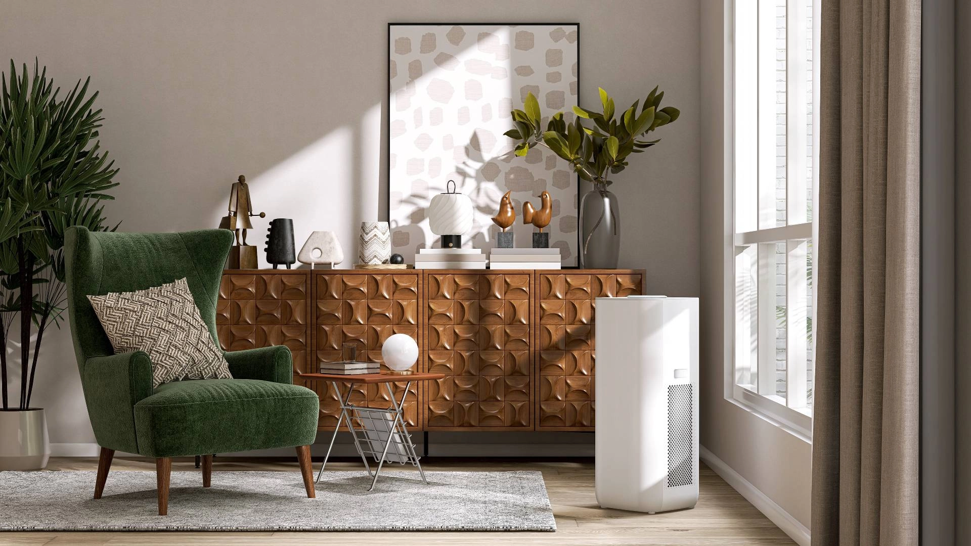 Mid century modern living room with retro furniture and custom drapery near Sioux Falls, South Dakota