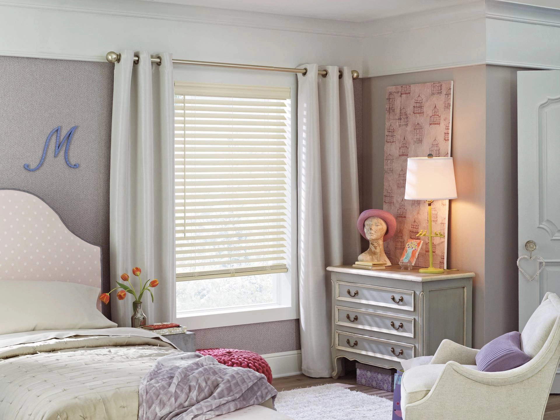 Hunter Douglas EverWood® Faux Wood Blinds with drapery near Dallas, Texas