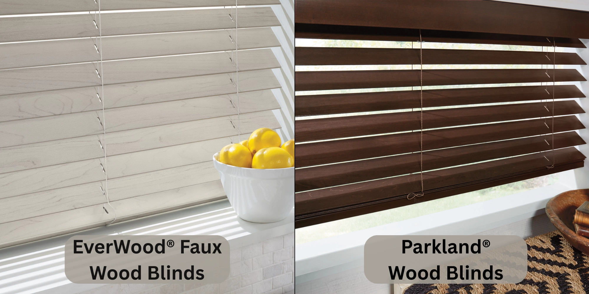A split image comparing Hunter Douglas EverWood® Faux Wood Blinds vs. Parkland® Wood Blinds