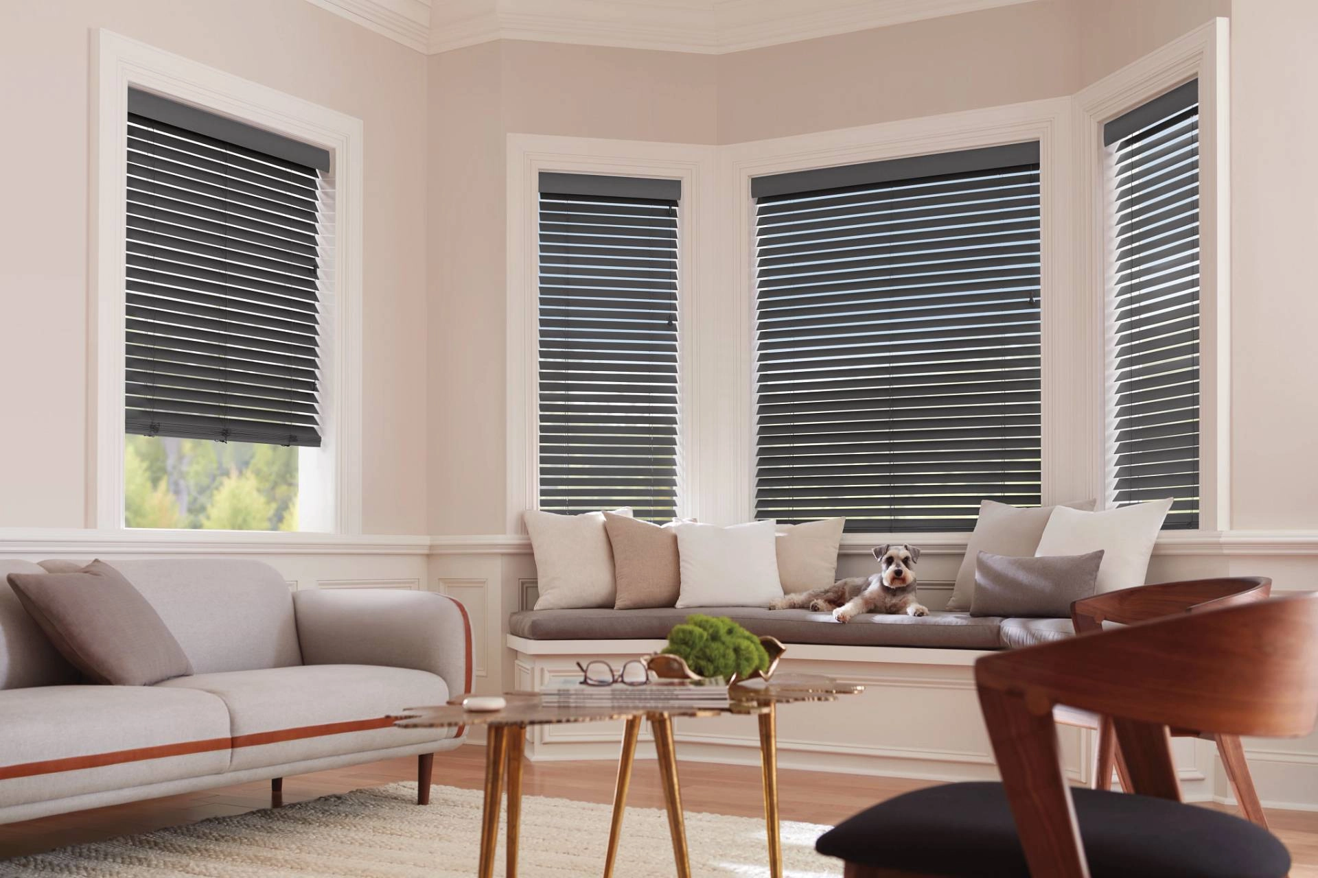 Hunter Douglas wood blinds in a traditional living room near Traverse City, Michigan.