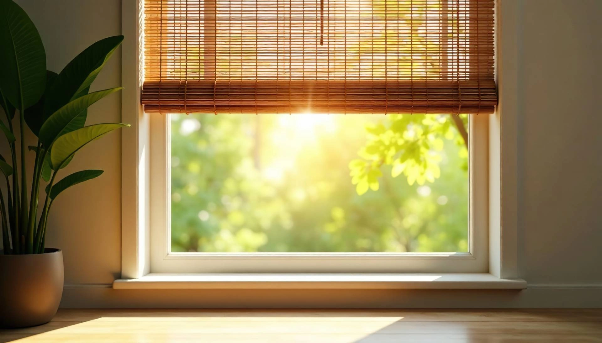 A window with afternoon sunlight streaming in and a woven wood shade near Albuquerque, New Mexico (NM)