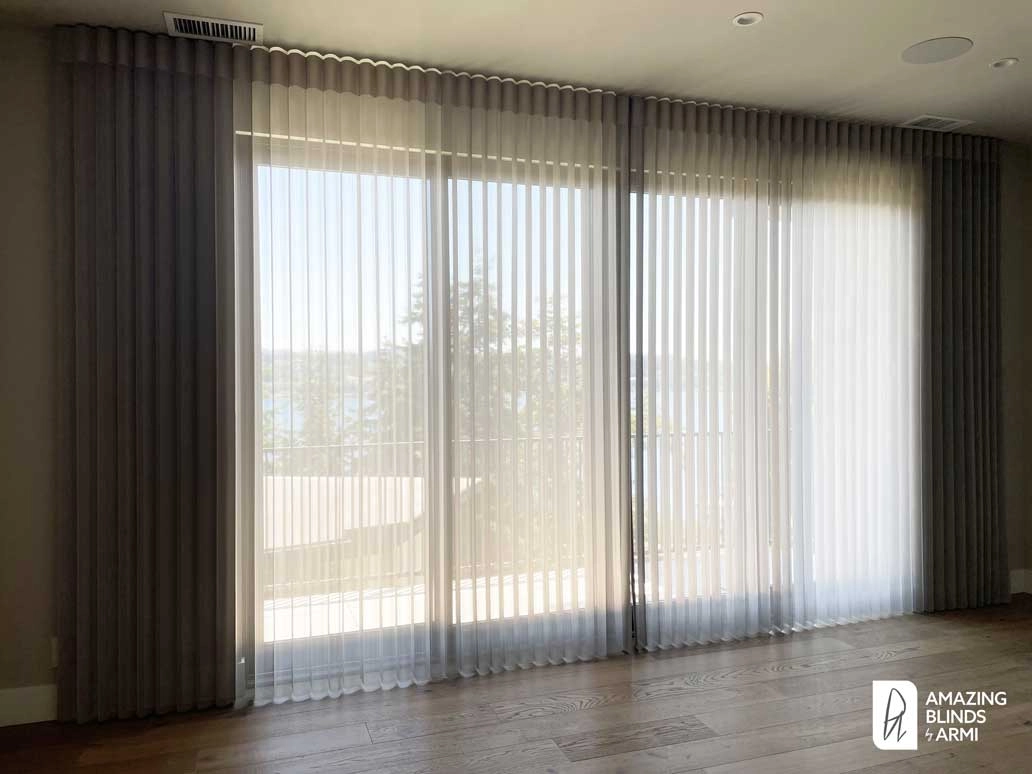Sliding glass doors with Hunter Douglas vertical blinds.
