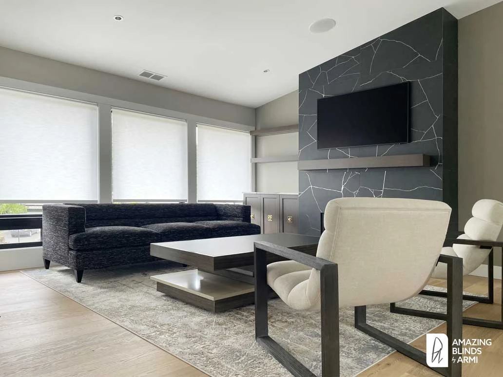 Living room windows with Hunter Douglas shades.