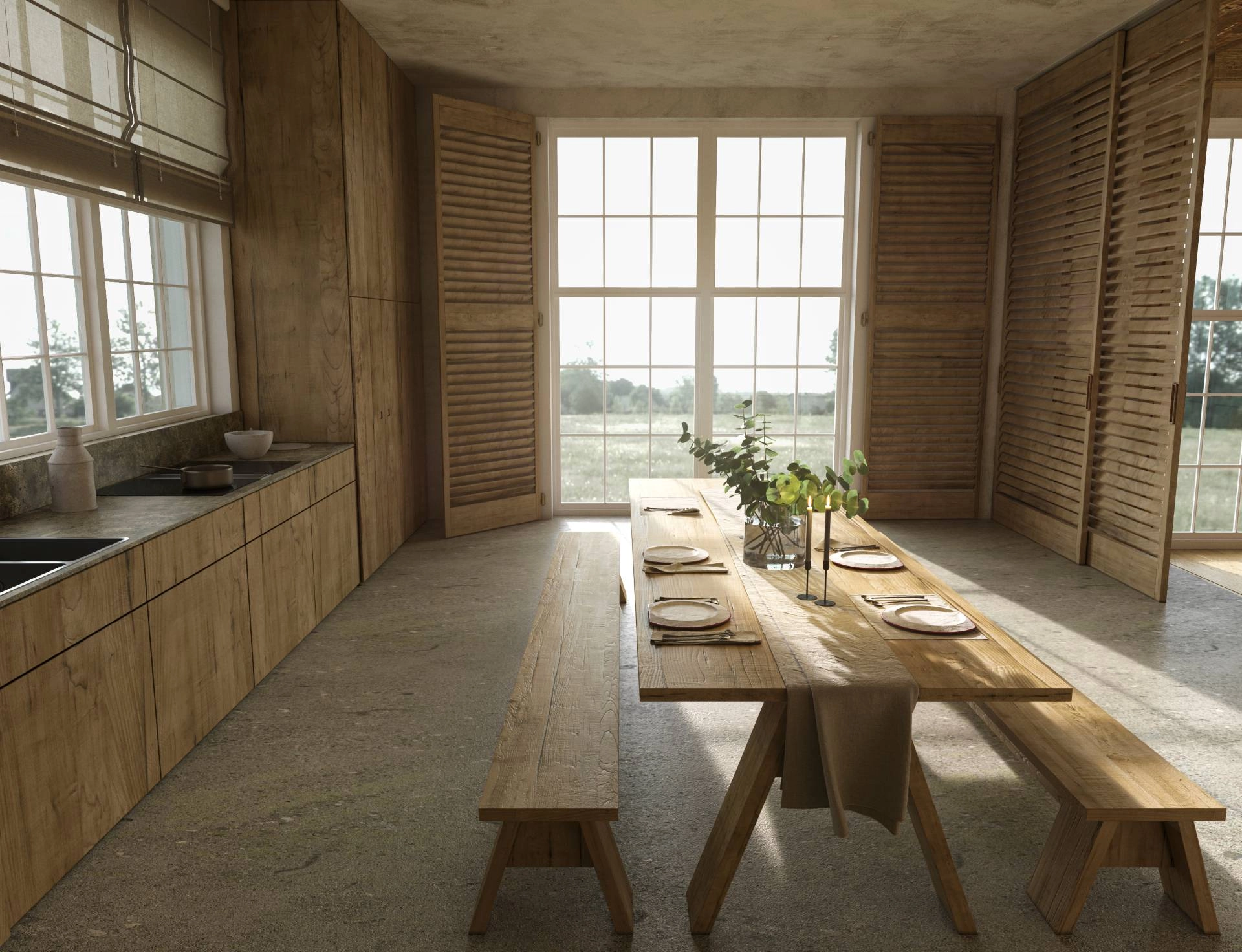 Two different types of window treatments on large windows in a farmhouse-themed kitchen