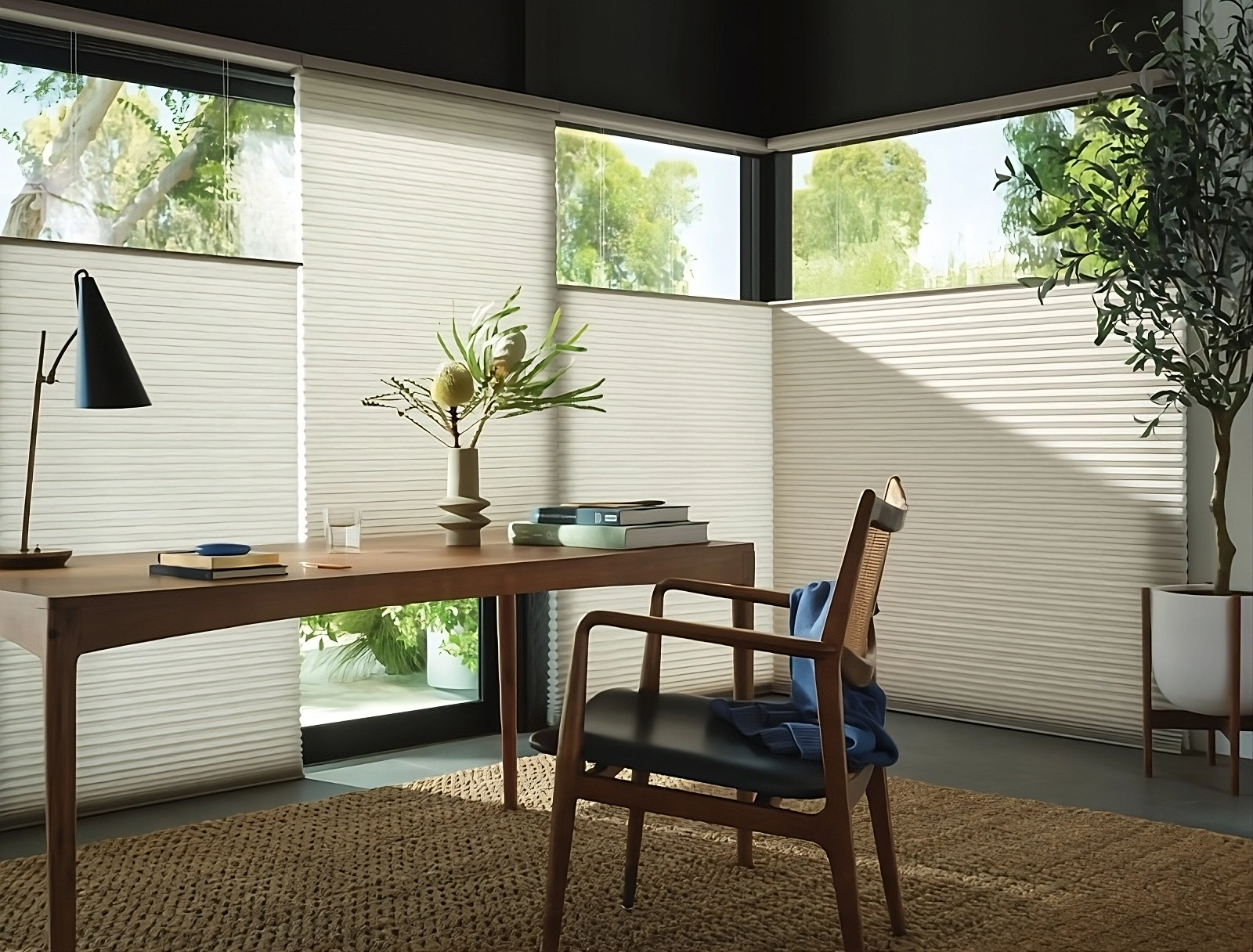 Stunning Hunter Douglas Duette® Cellular Shades, featuring the Top-Down/Bottom-Up enhancement, on expansive office windows near Hayden, ID