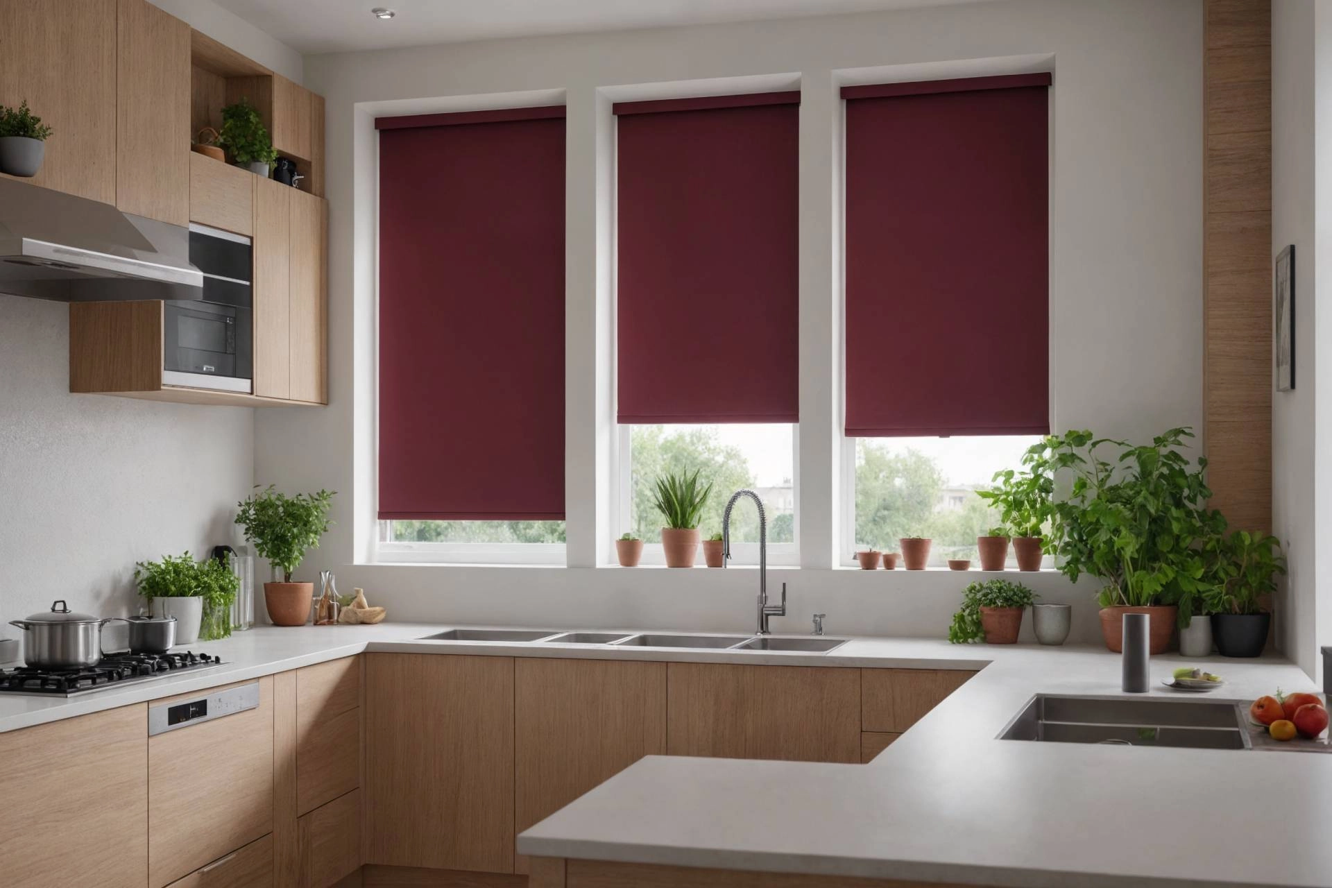 Red kitchen roller shades in a modern kitchen at Don's Drapery Service near Anaheim, CA