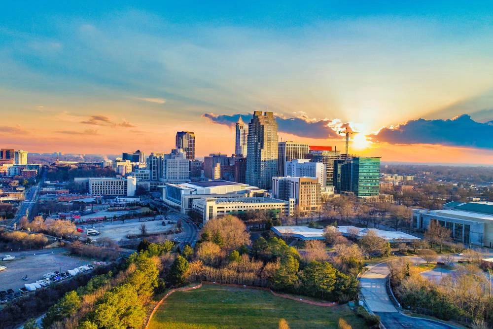 An aerial view of the Raleigh, NC, skyline