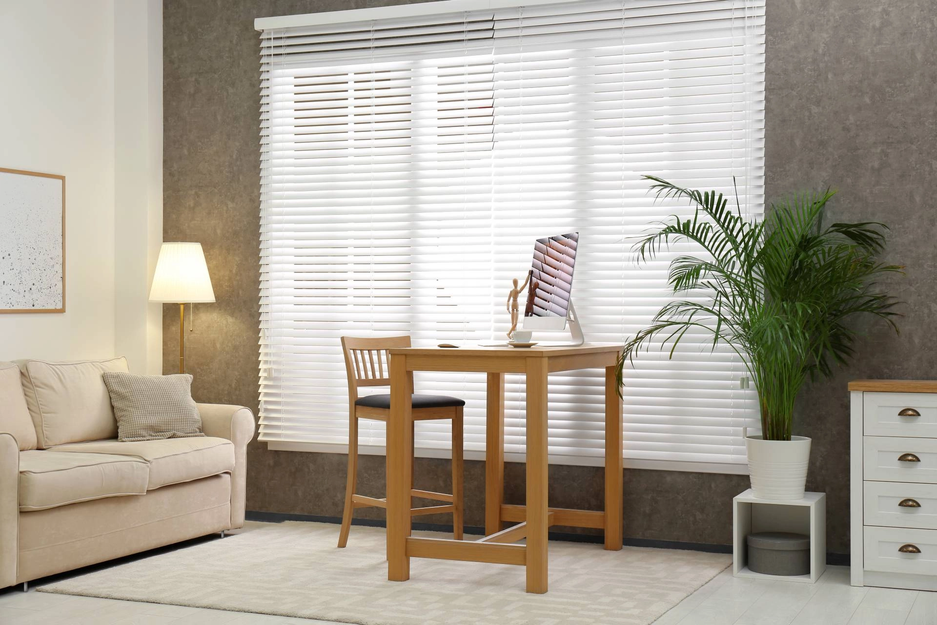 White window blinds in a modern furnished living room near Mount Pleasant, SC