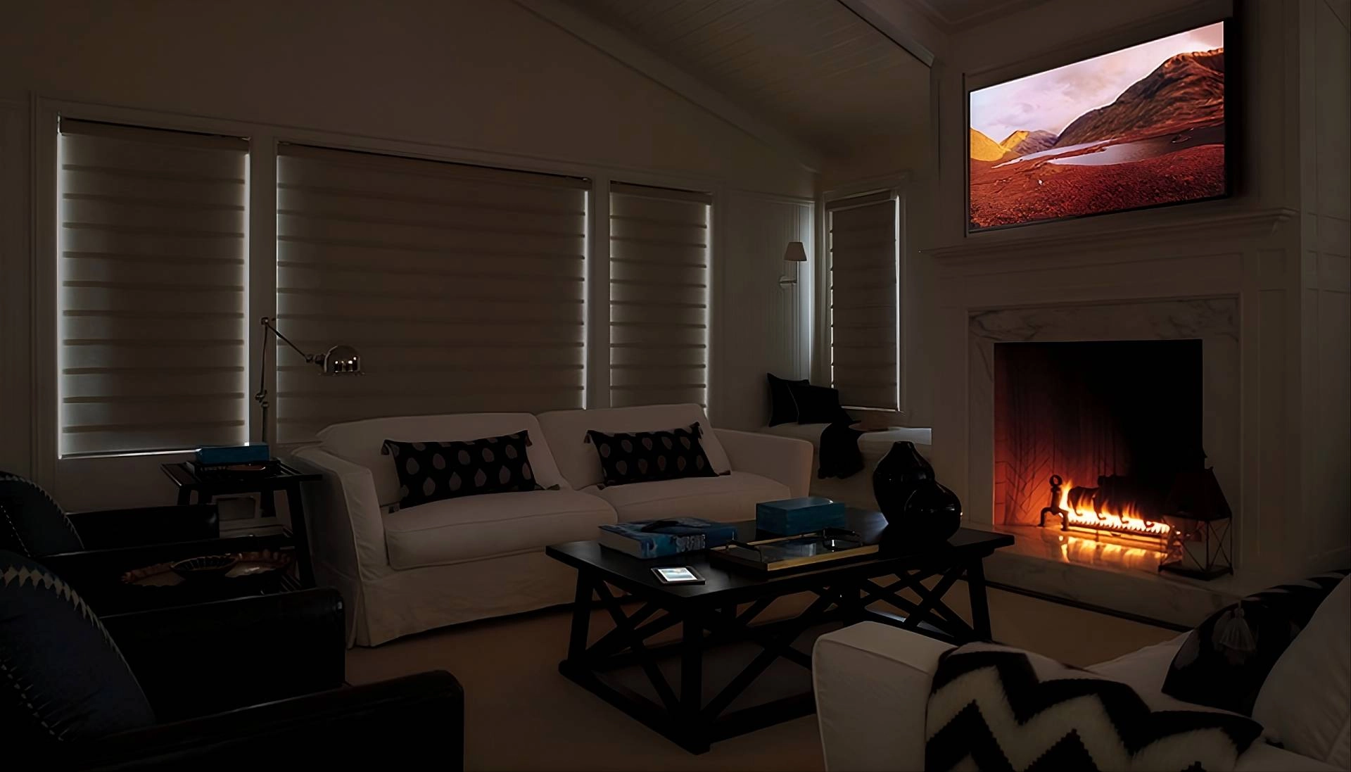 Blackout shades with Duolite® room-darkening technology in a living room.
