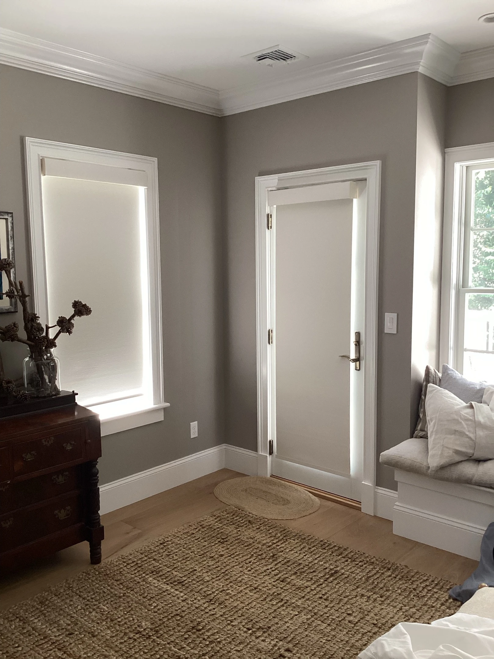 Entry way door and windows with Hunter Douglas shades.