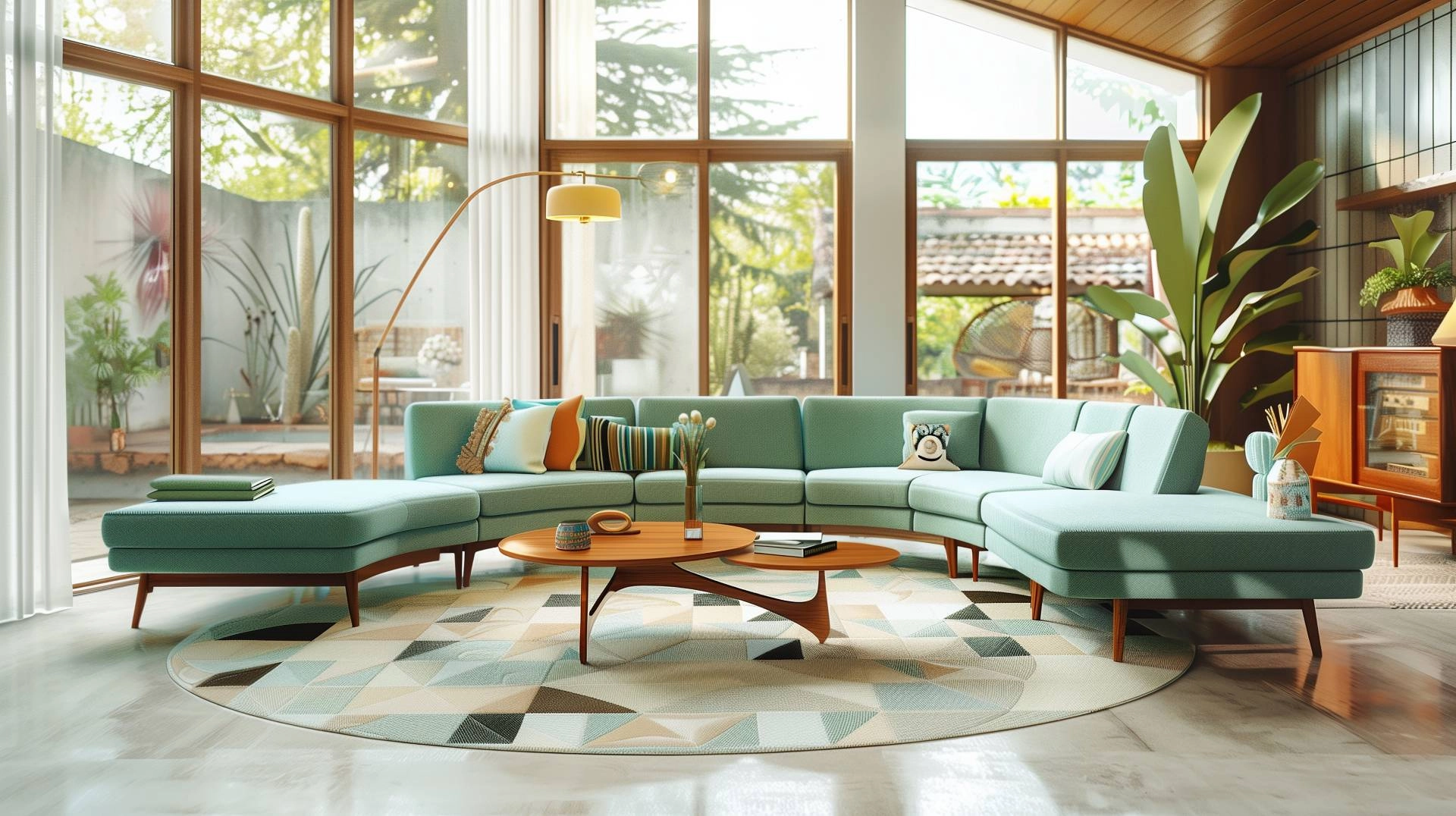 Mid-century modern living room with a teal couch near Barrington, Illinois (IL)