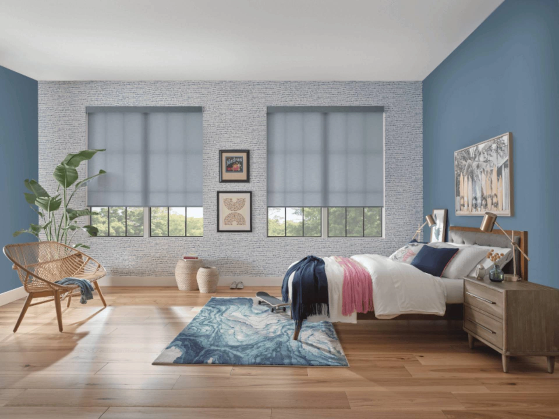 Roller shades provide a clean, low-profile look for contemporary spaces near Sacramento, CA
