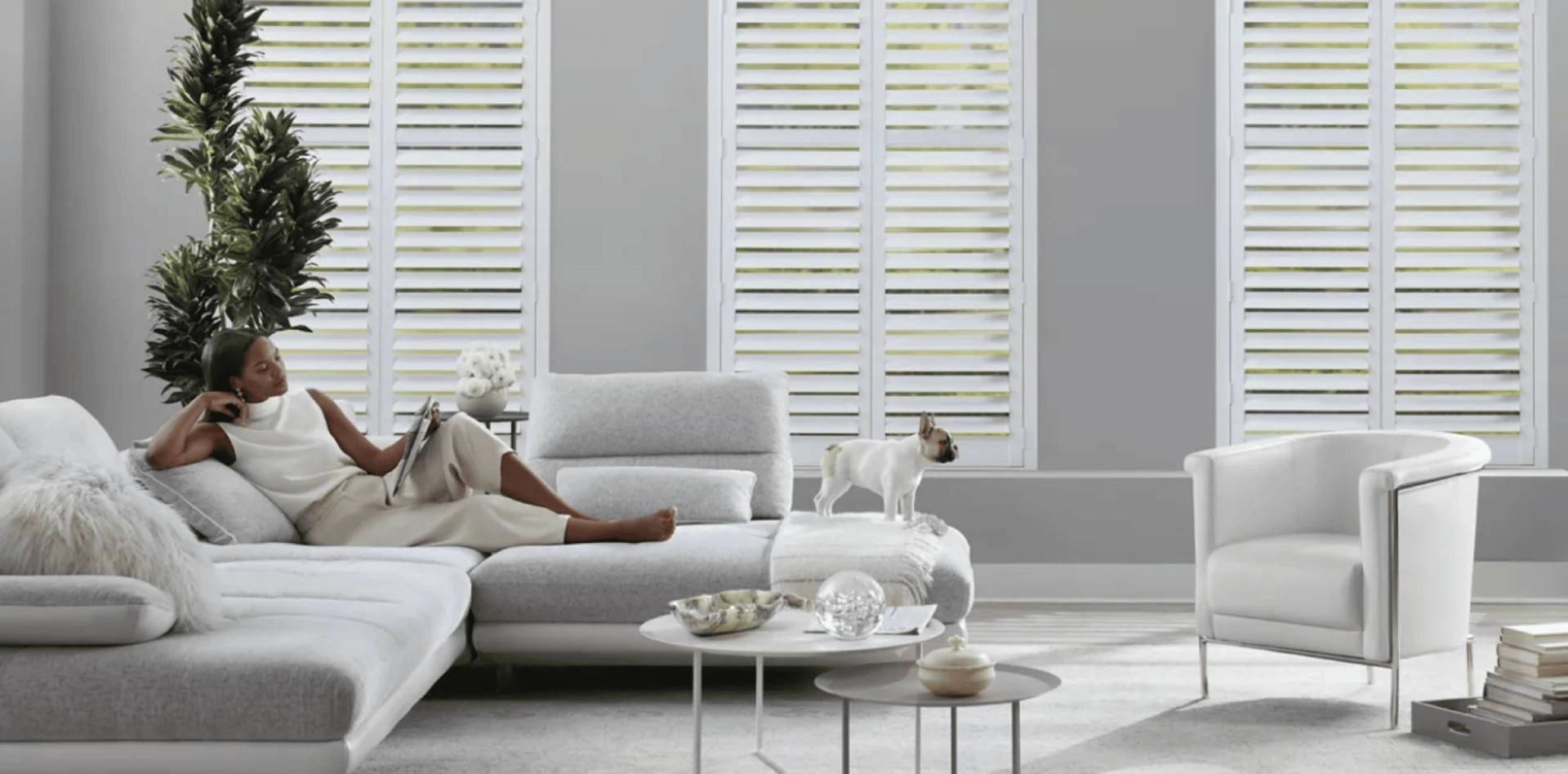 Woman and dog lounging on sofa in modern living room with Hunter Douglas shutters.