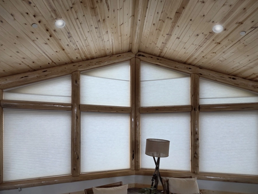 Living room windows featuring Hunter Douglas shades.