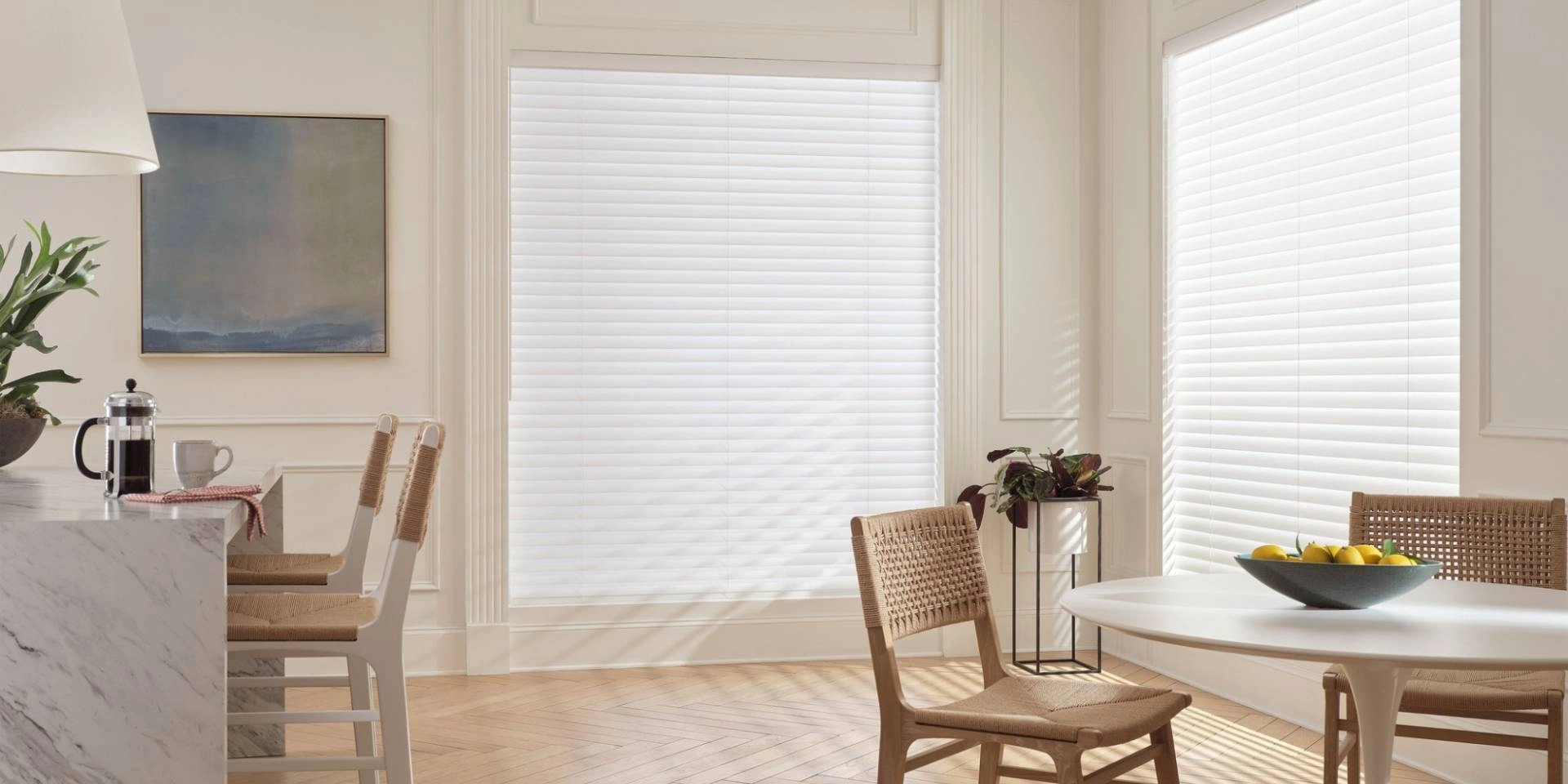 Inside-mount blinds from Hunter Douglas in a kitchen with a built-in luxury aesthetic