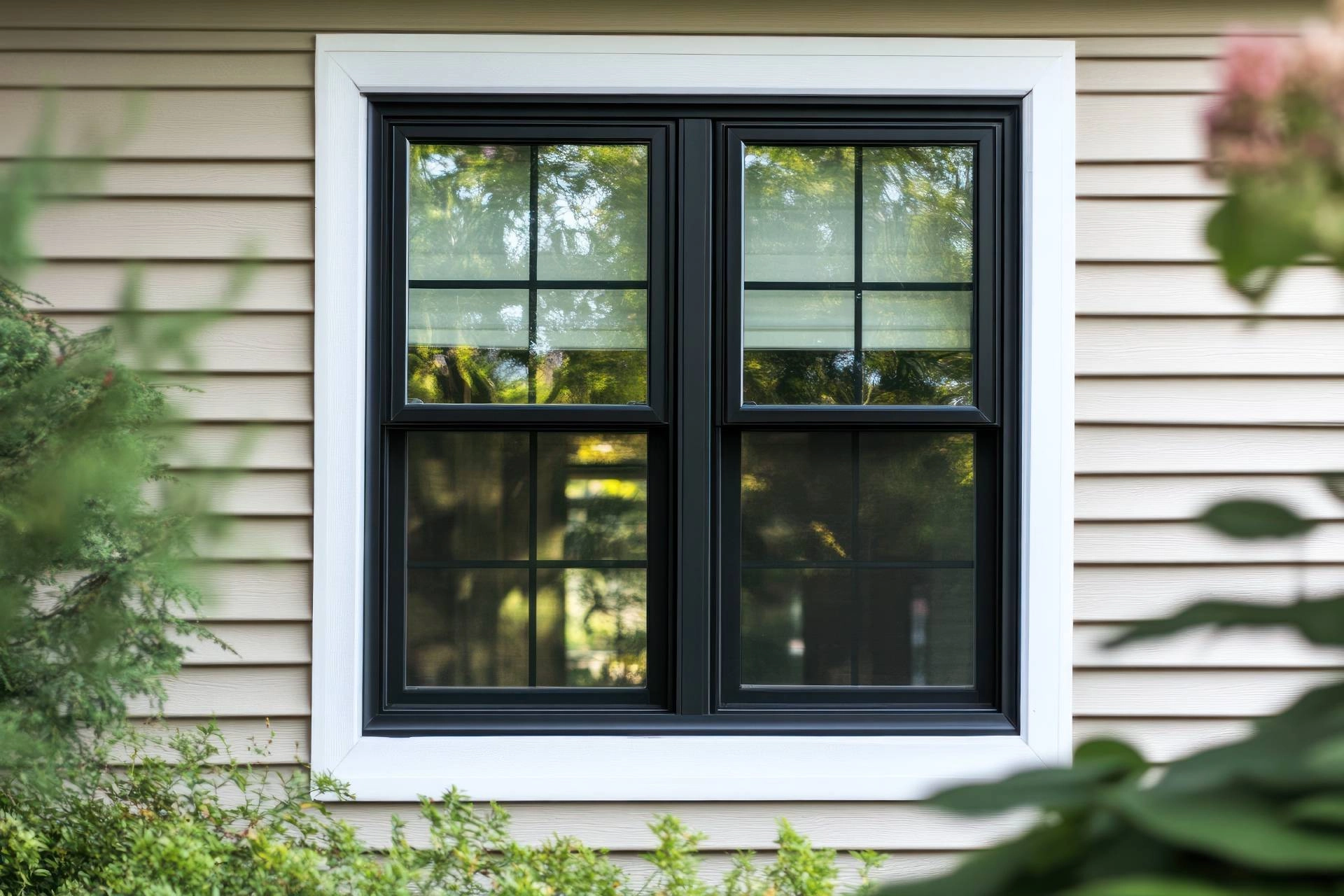 An exterior view of a black window with a white frame at Blind Corners near Roseville, CA