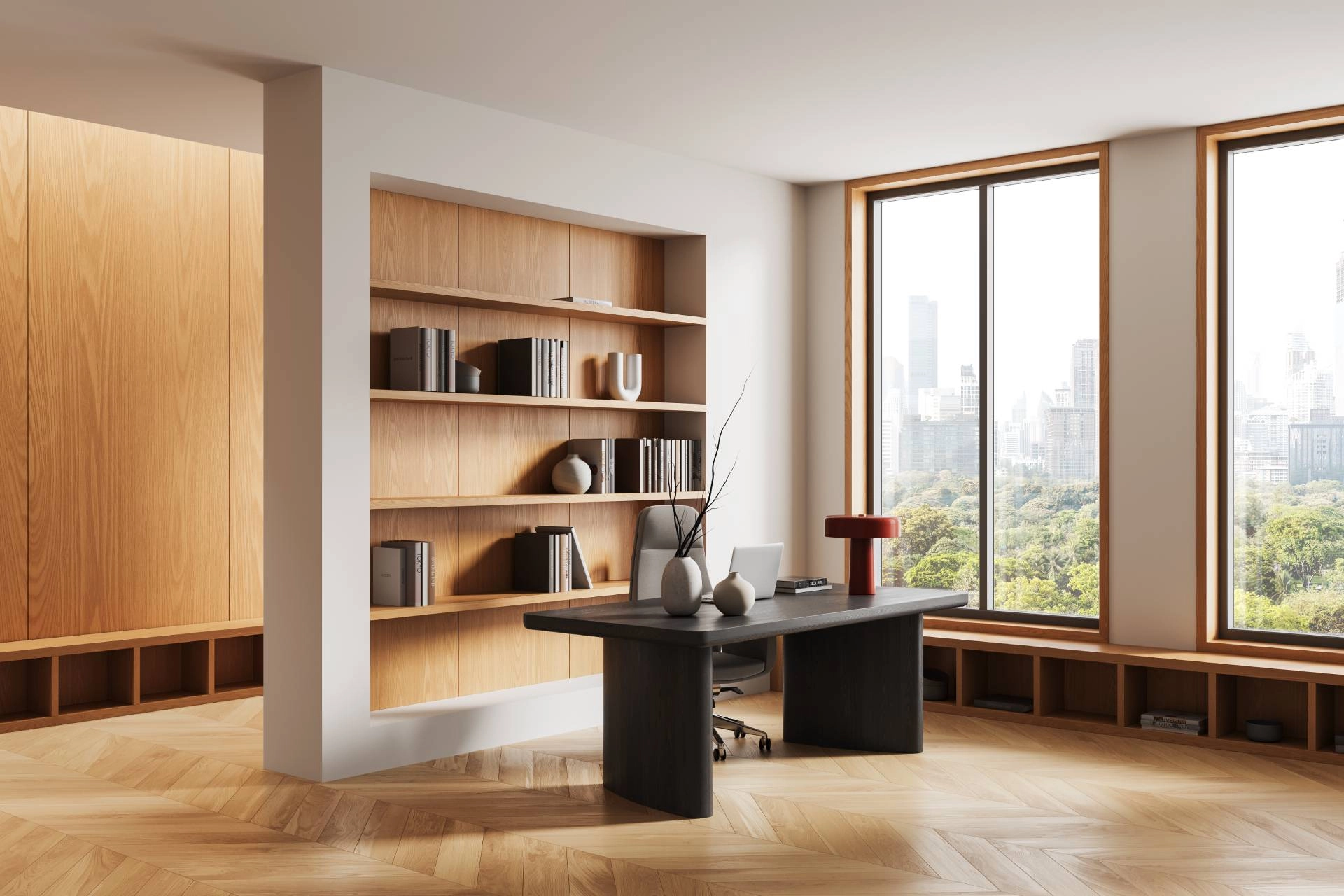 A modern home office with large windows and wood paneling near Placerville, CA