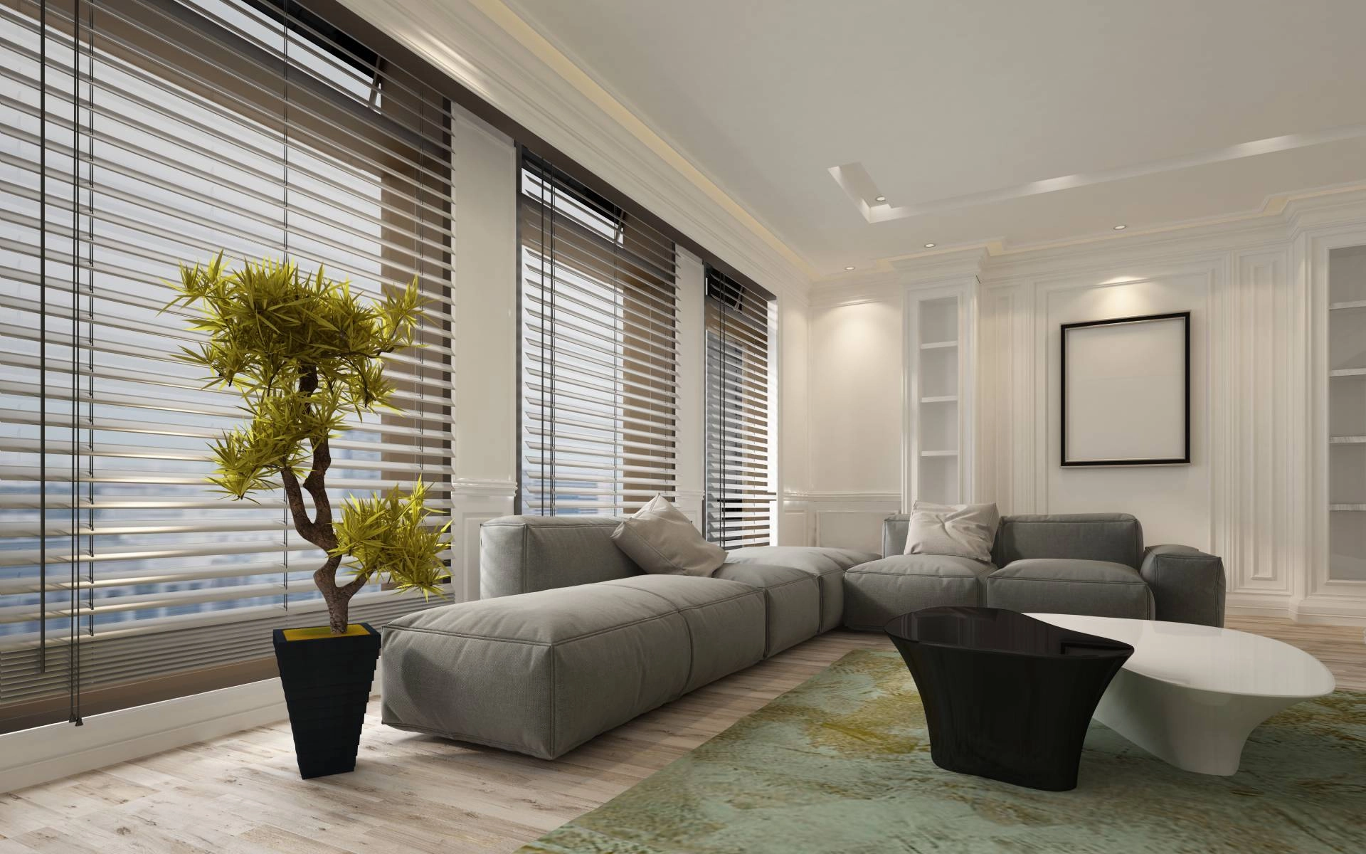 A few wide windows with custom-sized blinds in a luxurious and modern living room