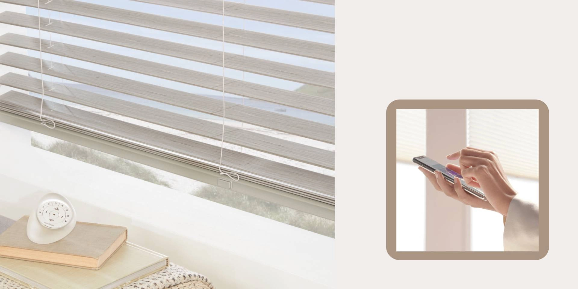 Image of automated blinds on a window overlooking a beach with Pebble® Remote and PowerView® app