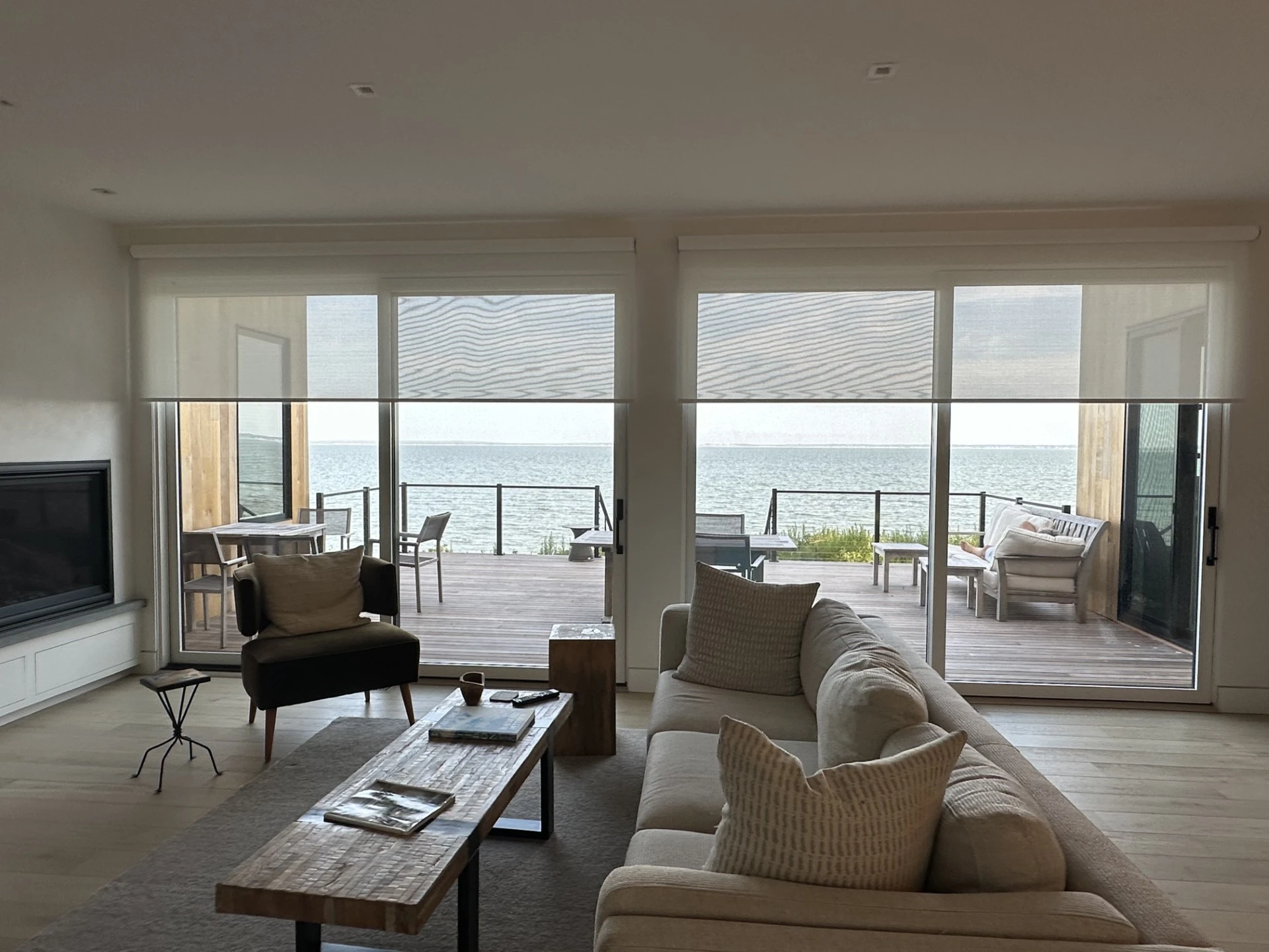 Shades over sliding glass doors.