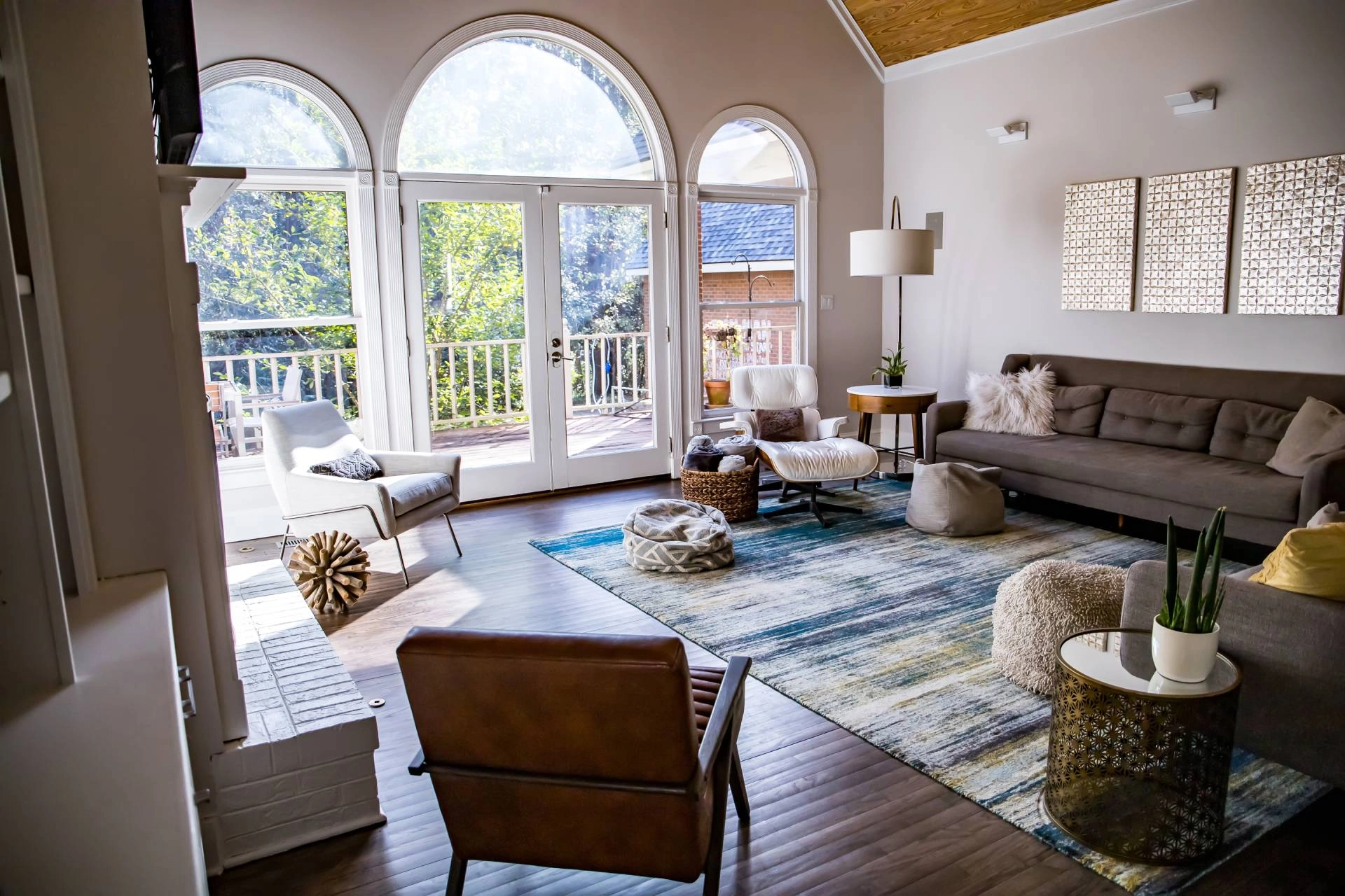 Three arched windows in a contemporary living room near Roseburg, Oregon (OR)