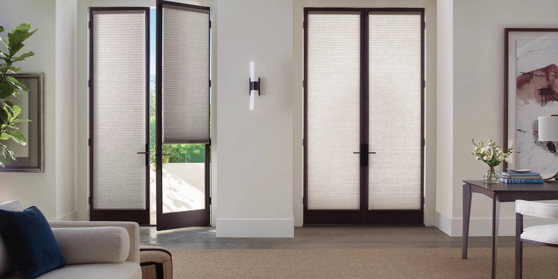 Hunter Douglas Duette® Cellular Shades on French doors, as alternative to blinds in a living room