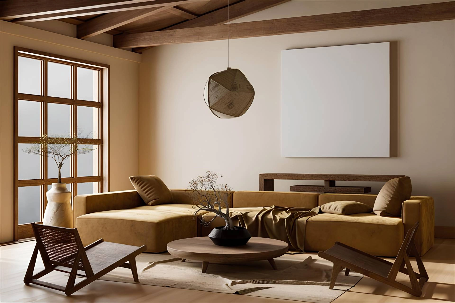 A Japandi minimalist living room near Arlington Heights, Illinois (IL)