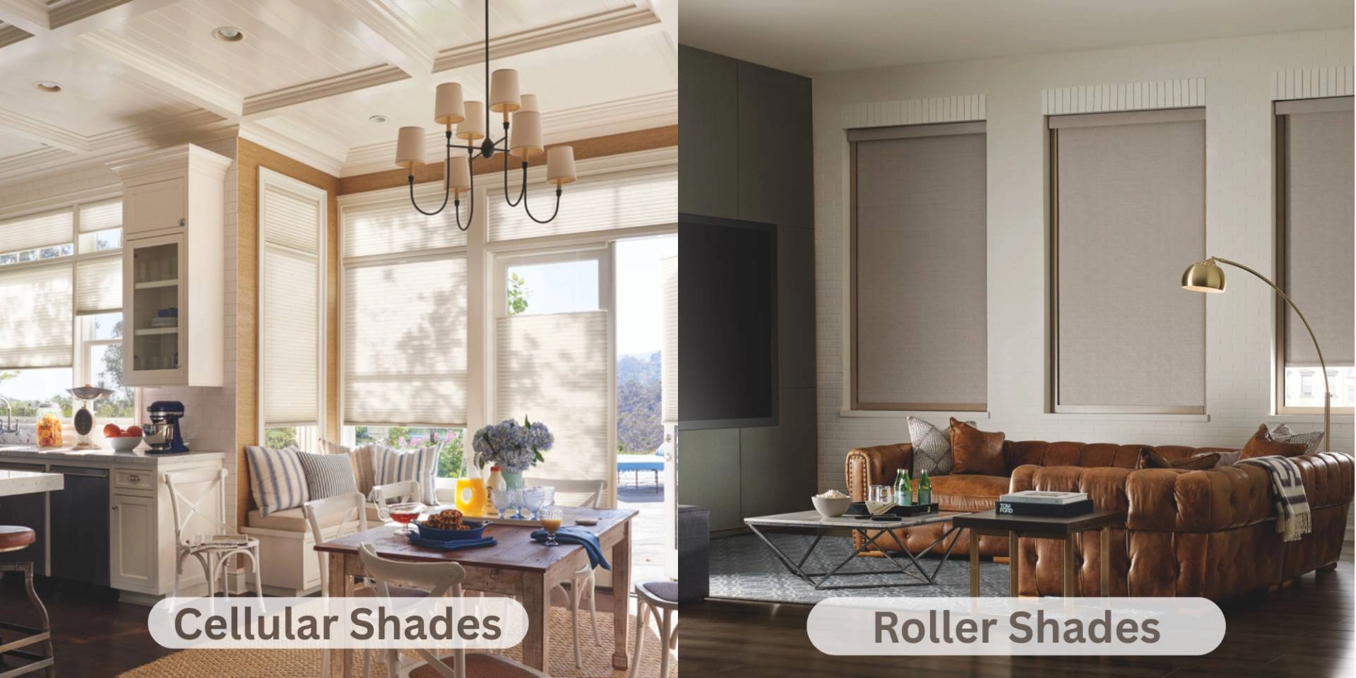 An image comparing custom Hunter Douglas Cellular Shades vs. Roller Shades side-by-side
