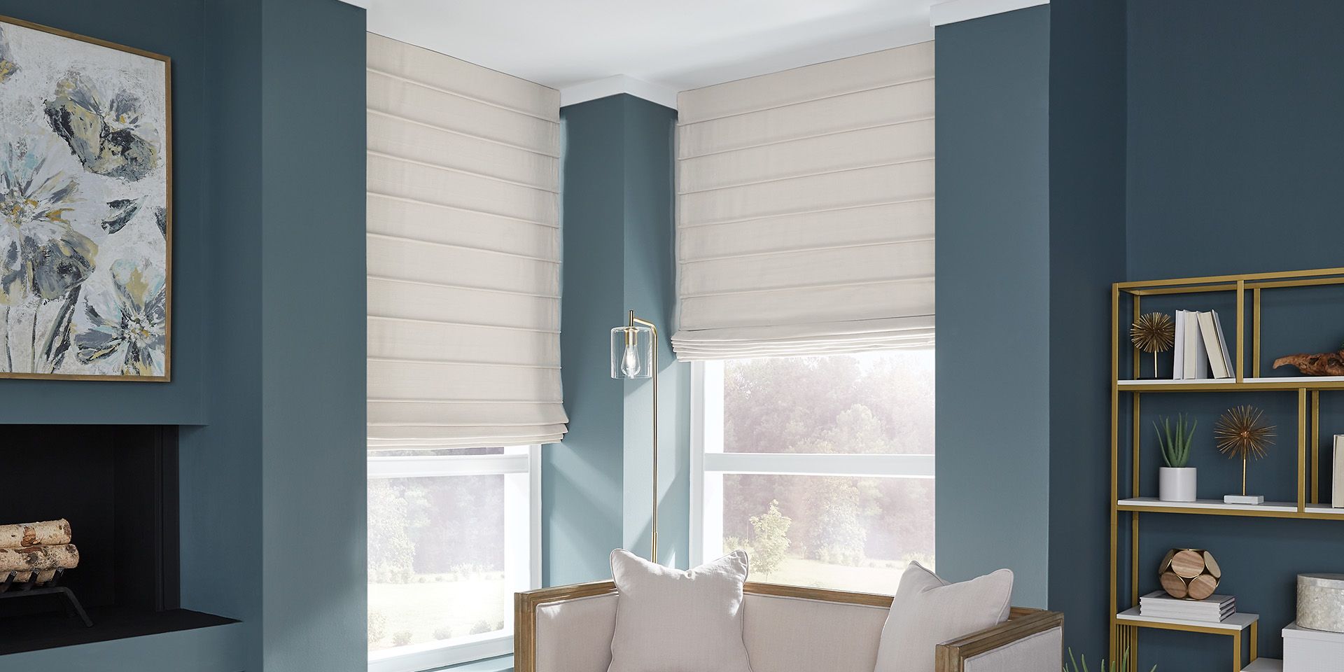 Neutral soft roman shades in a blue living room