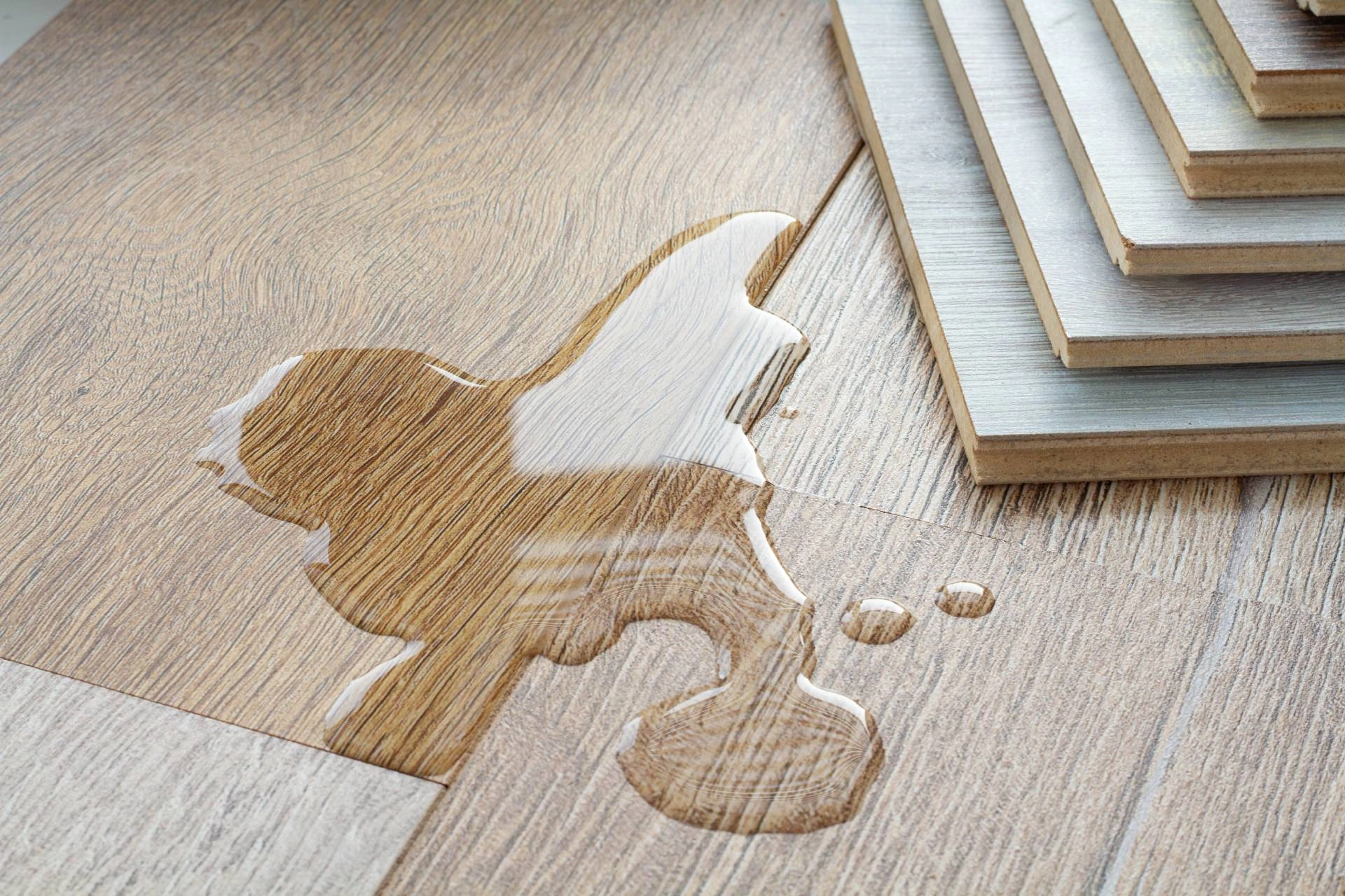 Image of waterproof laminate flooring planks with spilled water, as it's impermeable to moisture