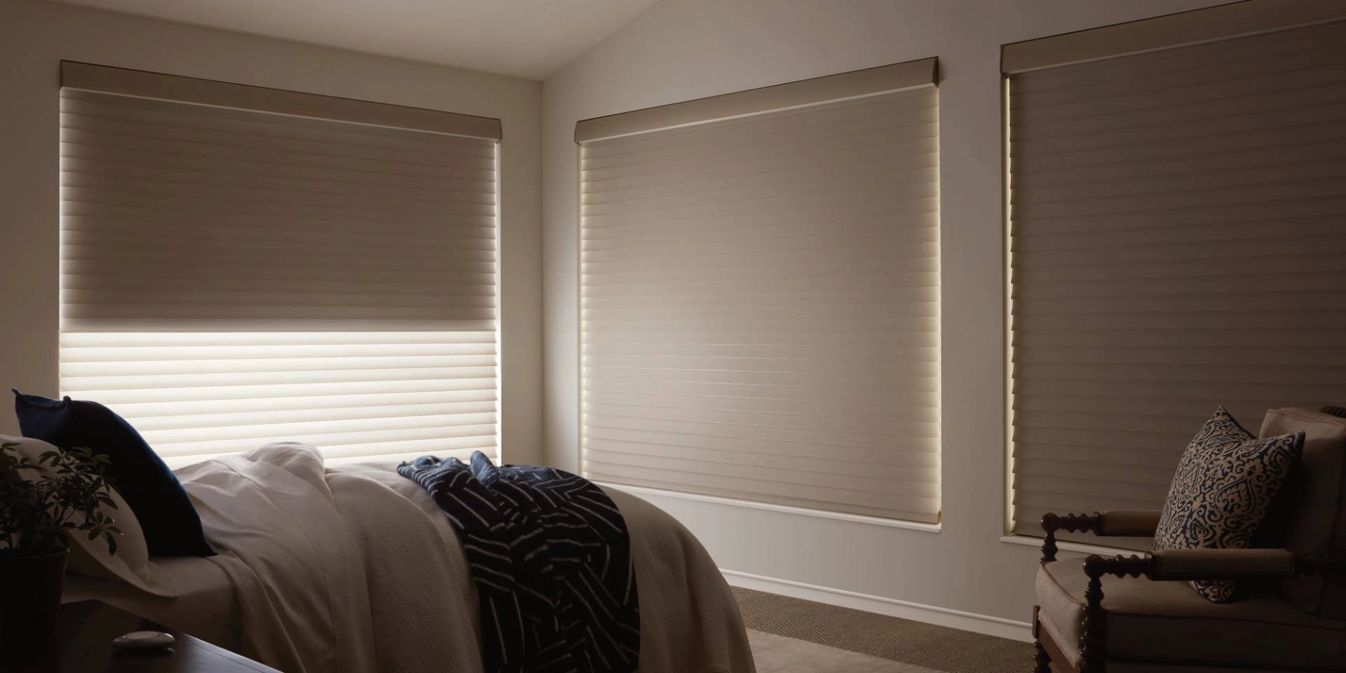 A modern and cozy bedroom with motorized smart shades for the perfect sleeping conditions near Campbell, CA