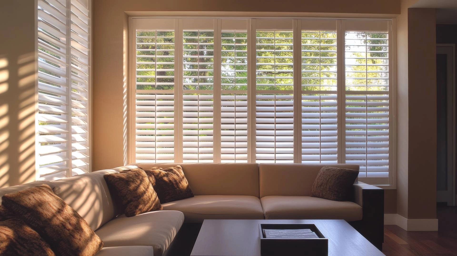A living room with white interior window shutters near Newhall, CA