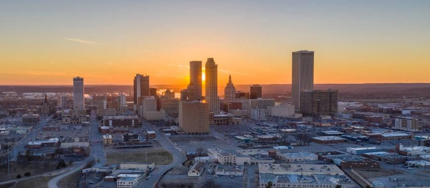 An aerial image of the sunset over Tulsa, Oklahoma (OK)