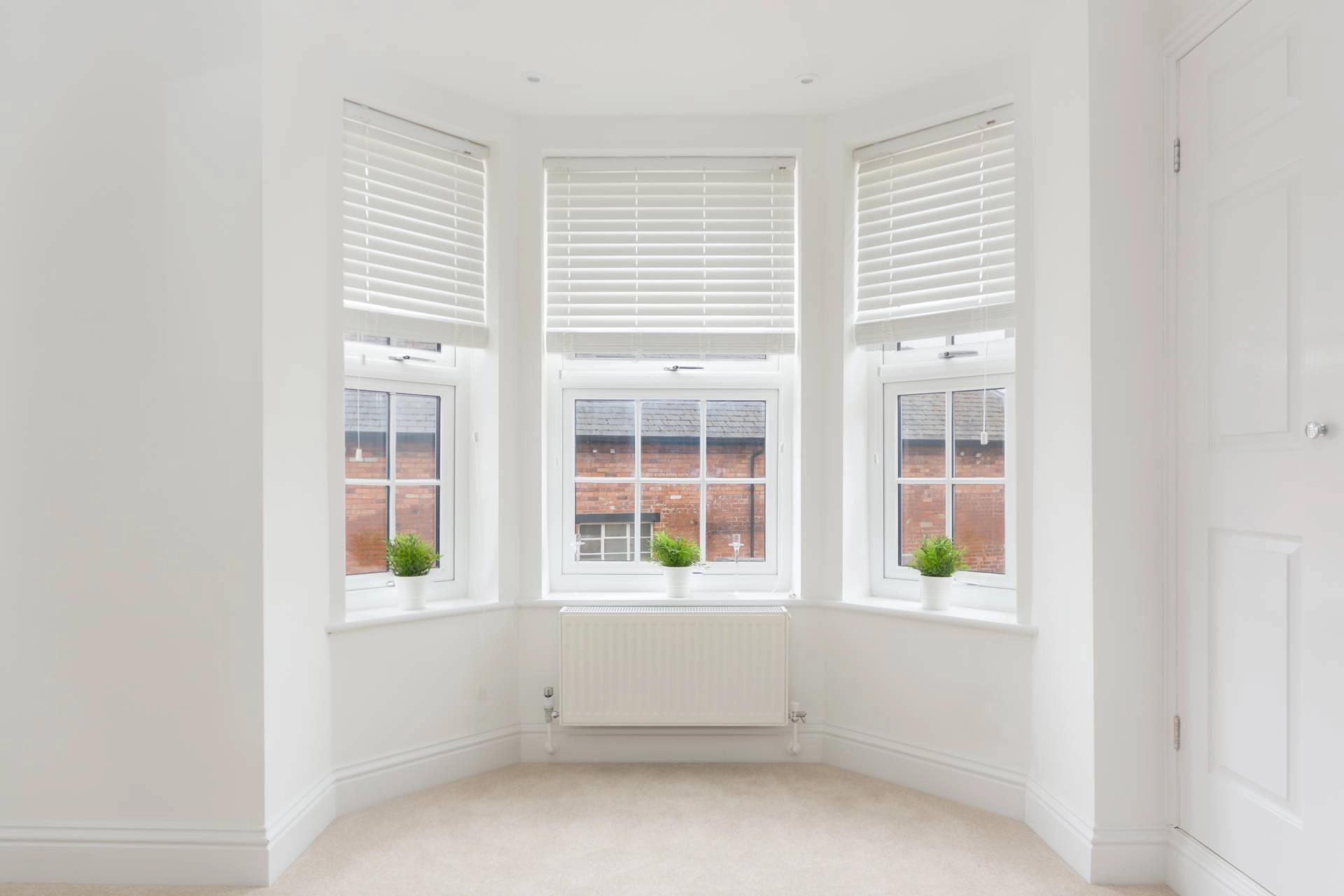 White blinds as bay window coverings in an empty room, except for houseplants on the sills
