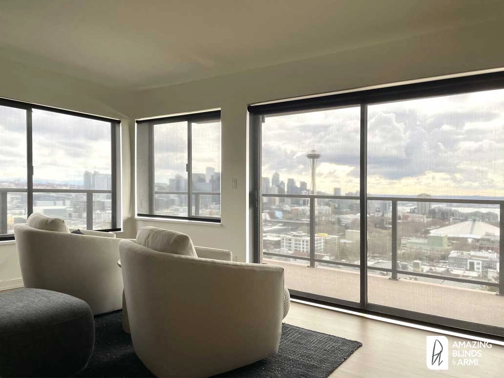 Sliding glass doors with Hunter Douglas shades.