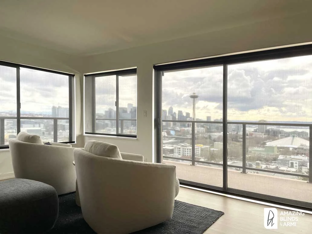 Sliding glass doors with Hunter Douglas shades.