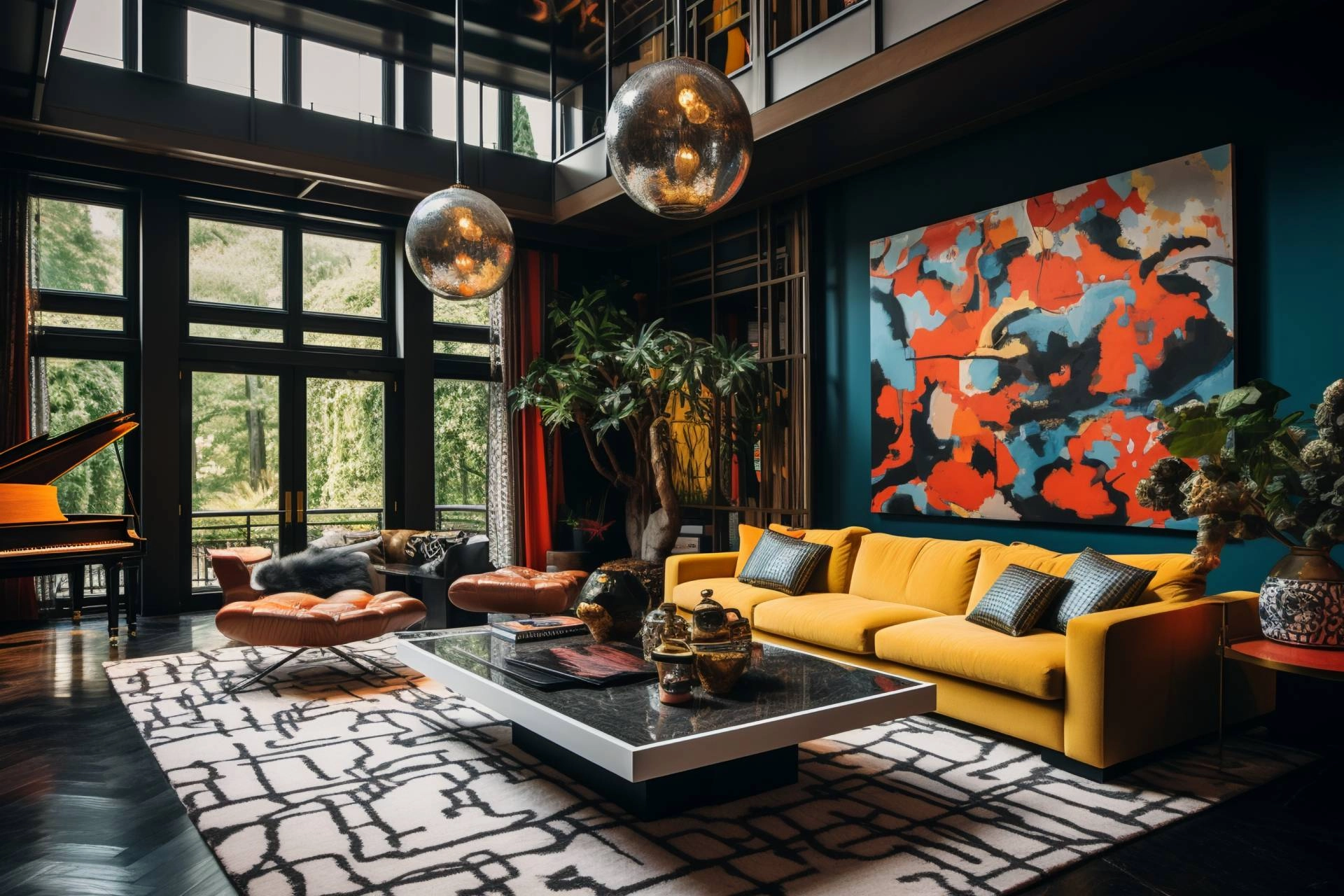 A luxury eclectic interior design theme with large windows and windowed doors near Boone, North Carolina.