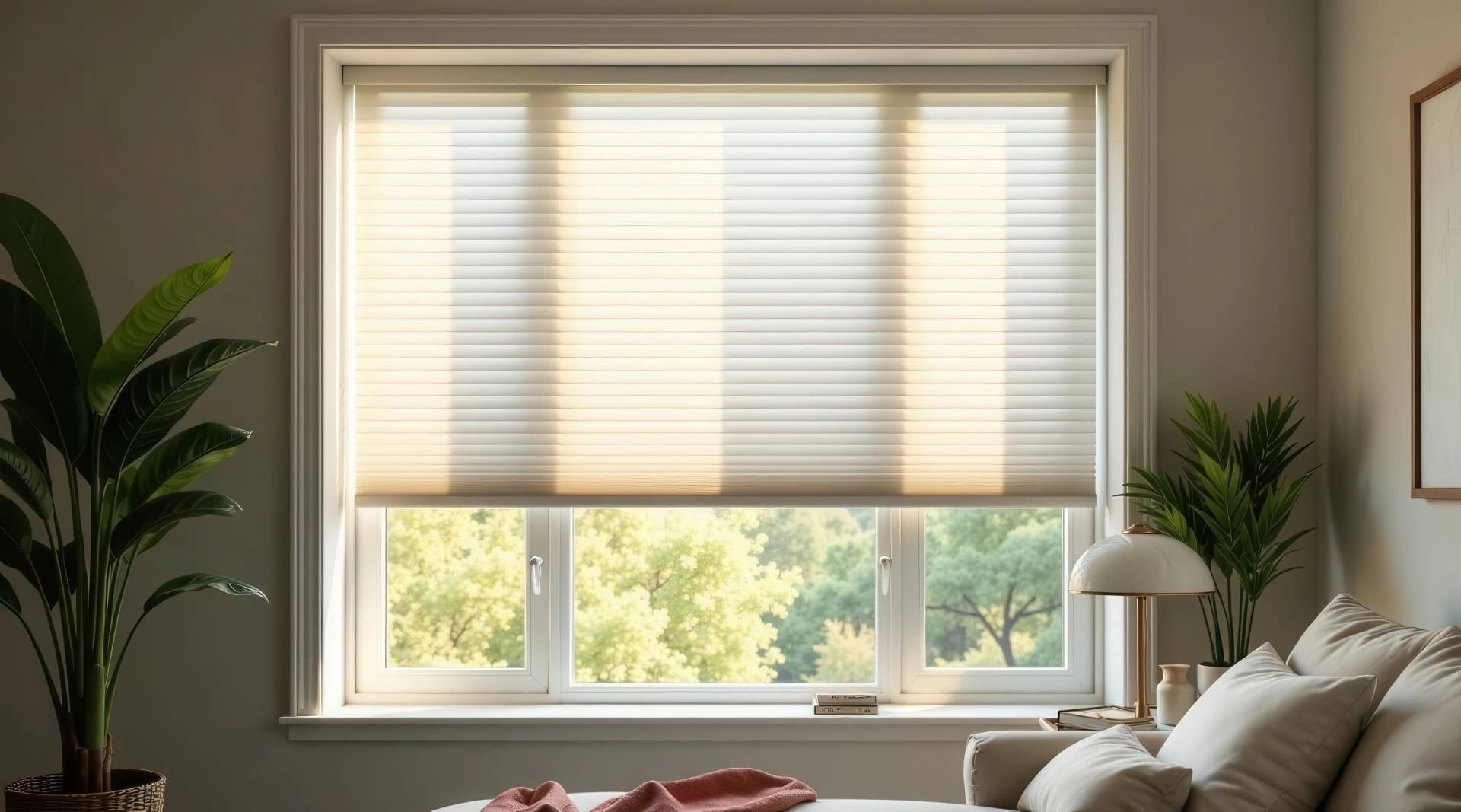 Soft sunlight filtering through a set of cellular shades in a living room near Newhall, CA