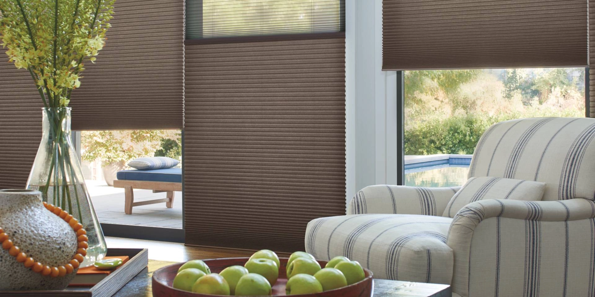 Hunter Douglas shades, Duette® Cellular Shades, on large windows in a residential living room near Hayden, ID