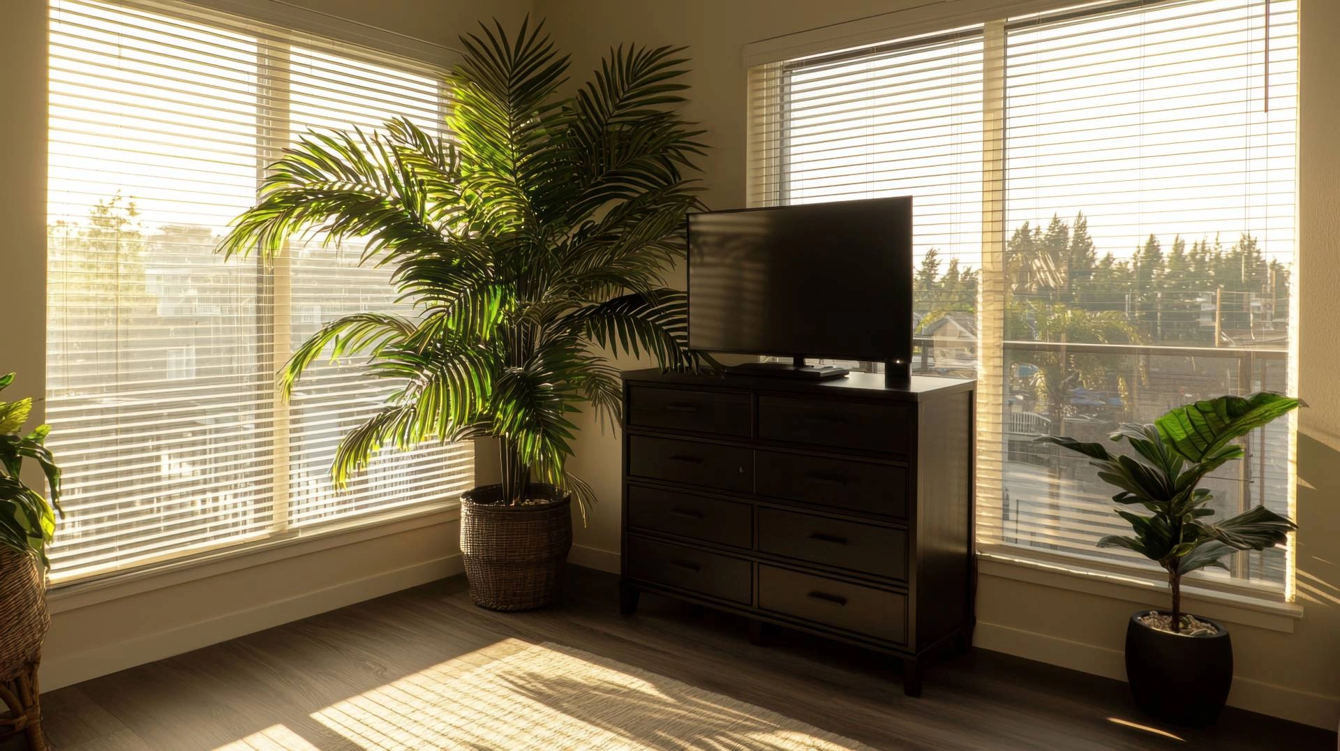 A living room with potted plants, a TV, and two windows that have blinds