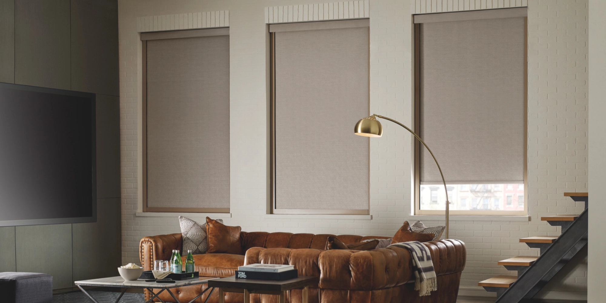Hunter Douglas Designer Roller Shades as minimalist shades on a set of three windows